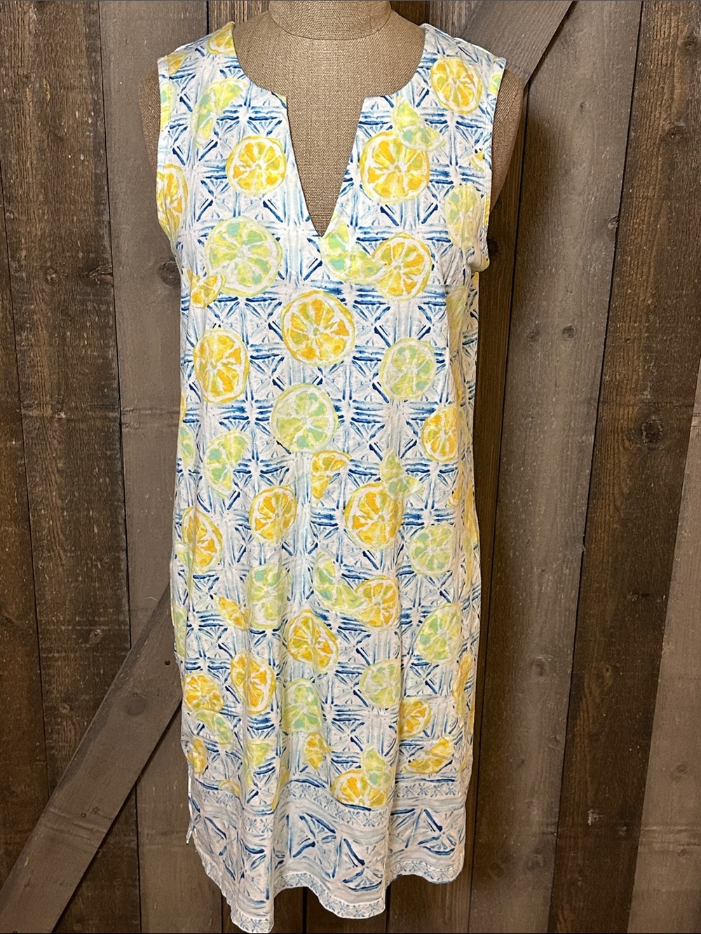 Lands’ End Lemon Lime Print Cotton Shift Dress Sleeveless Summer Casual SZ Small